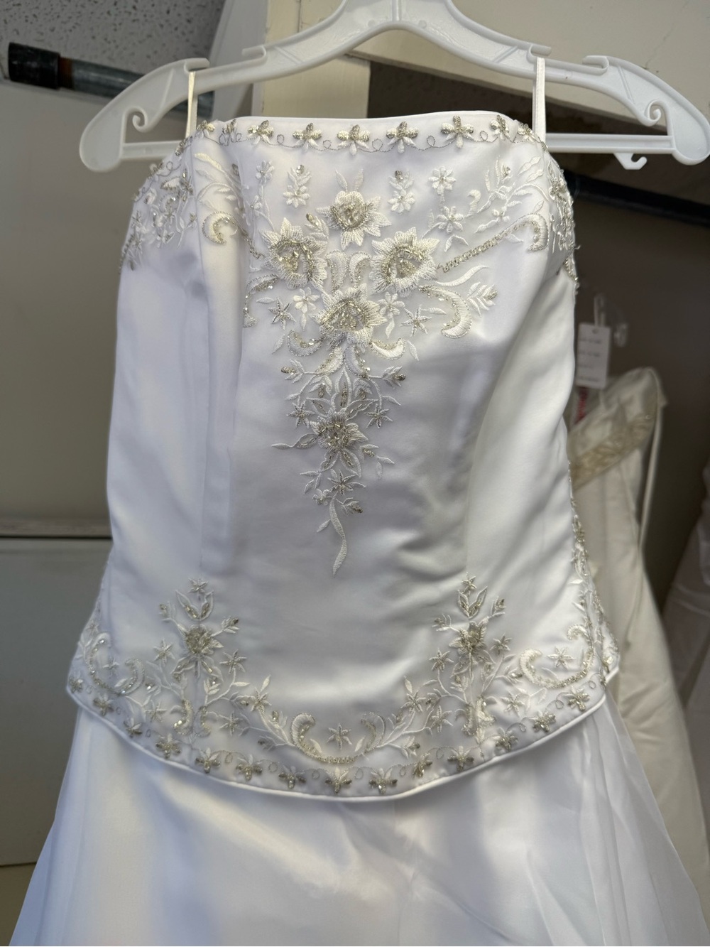 DaVinci Strapless White Satin Bridal Gown with Gold Embroidery - Picture 3 of 4